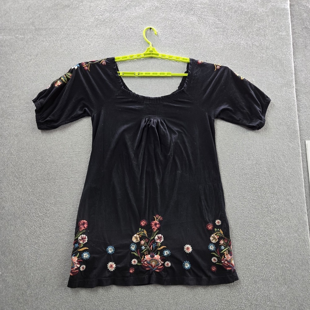 Johnny Was Women Dress M Black Floral Embroidered Tunic Short Sleeve